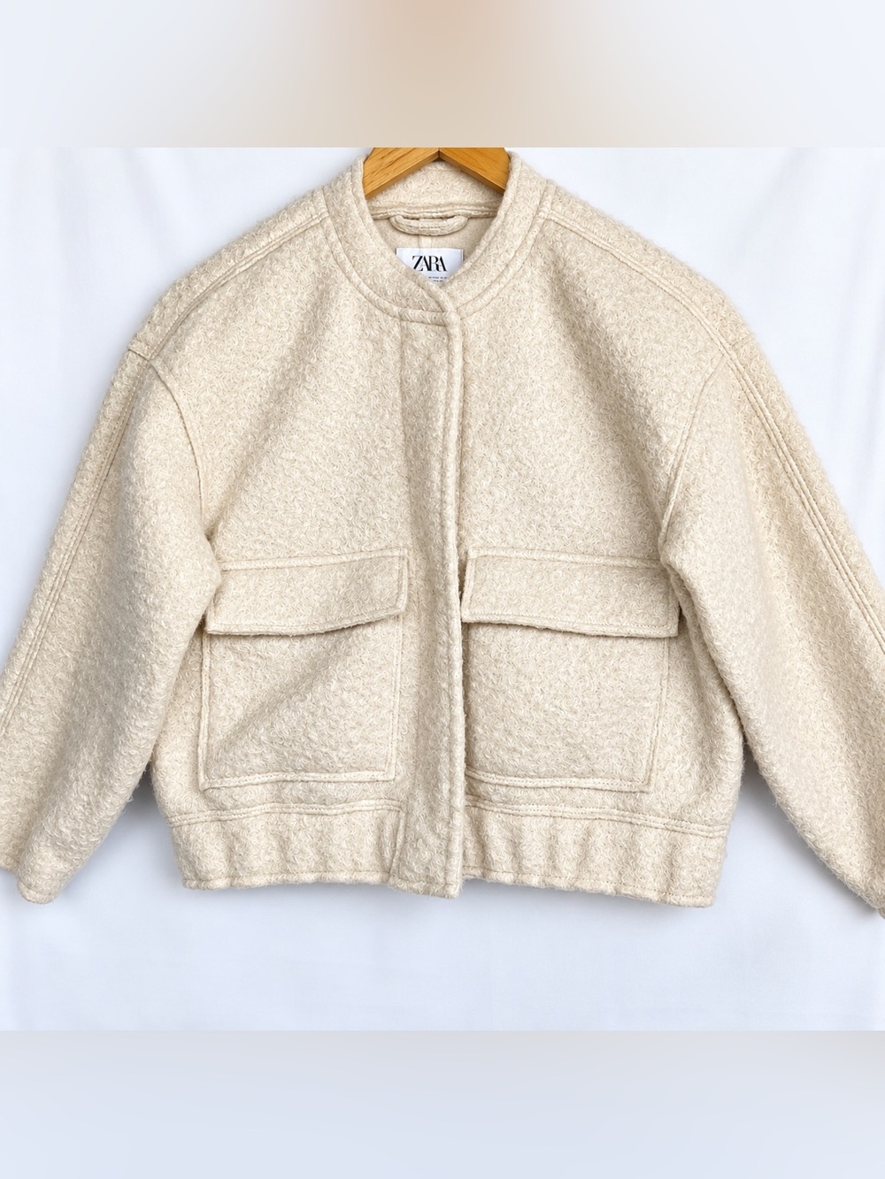 ZARA Girls Cream Off White Comfy Sherpa Bomber Shacket Sz 8-9 Jacket Pockets